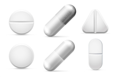 Round white cure pills, aspirin, antibiotics and painkiller drugs. Pai