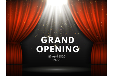 Grand opening poster with red curtains at theater stage. Theater curta