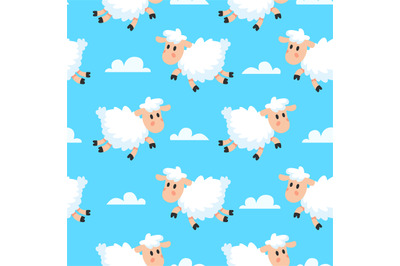 Happy sleeping sheeps fabric background. Dreamy woolly lamb or sheep c