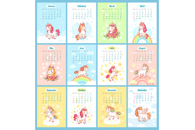 Sweet cute magic unicorn 2019 calendar for kids. Fairy unicorns with r