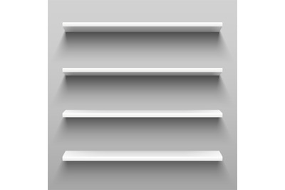 Empty white shelves for home shelving furniture. Realistic group of ra