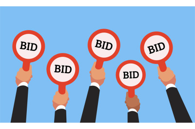 Buyers hands raising auction bid paddles with numbers of competitive p