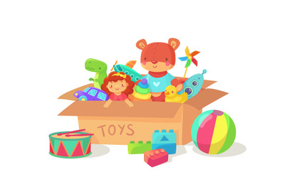 Cartoon kids toys in cardboard toy box. Children holiday gift boxes wi