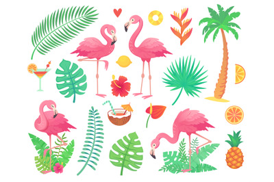 Pink flamingo and tropical plants. Beach palm, african plant leafs, ra