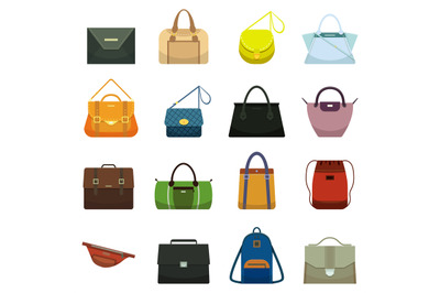 Female leather handbags and male accessory. Colorful handbag accessori