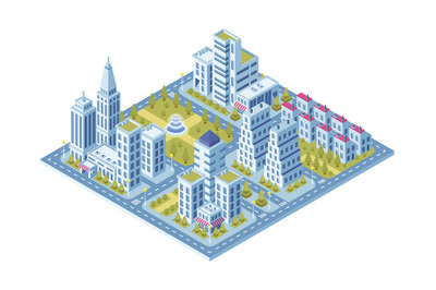 Modern city buildings&2C; police station&2C; road with cars and supermarket