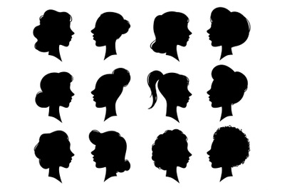 Adult and young womans vintage side faces silhouette. Woman face profi