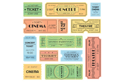 Vintage admitted cinema, music festival pass, train ticket. Isolated a