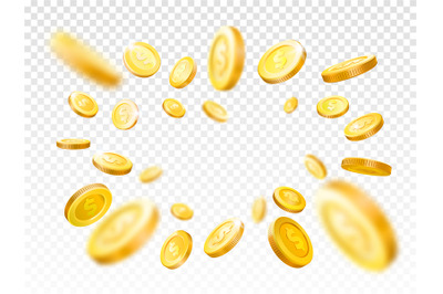 Shiny realistic gold coins explosion. Casino golden coin, falling mone