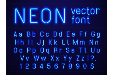 Bright glowing blue neon alphabet letters and numbers font. Nightlife