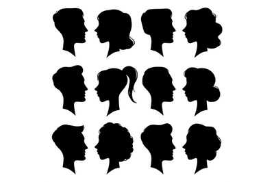 Female and Male faces silhouettes in vintage cameo style. Retro woman