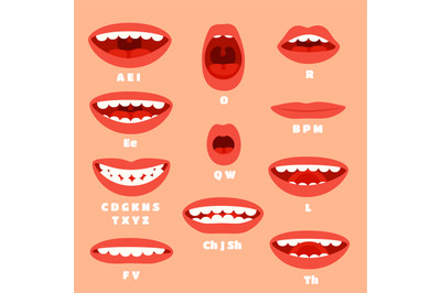 Expressive cartoon articulation mouth, lips. Lip sync animation phonem