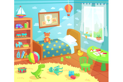 Cartoon kids bedroom interior. Home childrens room with kid bed, child