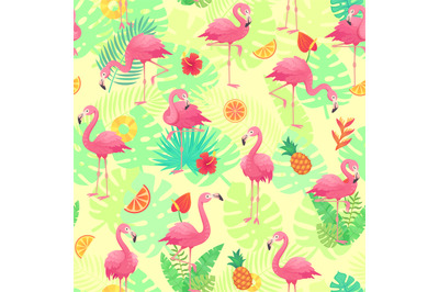 Exotic pink flamingos, tropical plants and jungle flowers monstera and