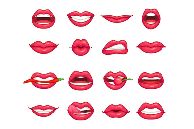 Lips collection. Beautiful girl smiling, kissing, biting pepper, cherr