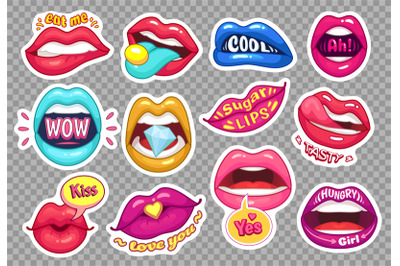 Sticker lips. Provocative girl mouths cartoon sensual stickers. Girls