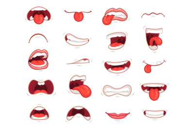 Funny mouths. Facial expressions, cartoon lips and tongues. Hand drawi