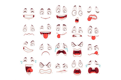 Cartoon faces. Happy excited smile laughing unhappy sad cry and scared