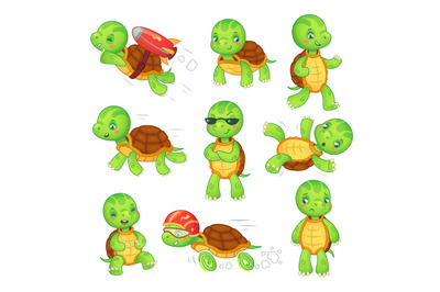 Turtle child. Running fast tortoise. Green kids turtles cartoon charac