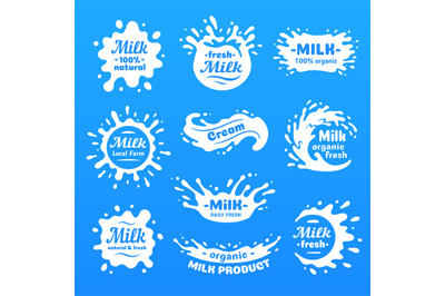 Cow milk splashes with letters. Isolated milks splash for health food