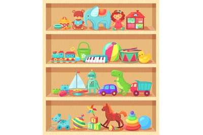 Cartoon toys on wood shelves. Funny animal baby piano girl doll and pl