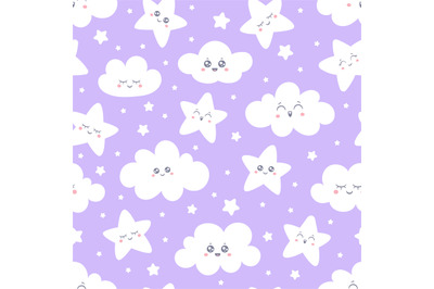 Seamless purple smiling stars and clouds pattern for baby pajamas fabr