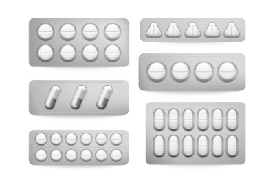 Blister packs white paracetamol pills, aspirin capsules, antibiotics o