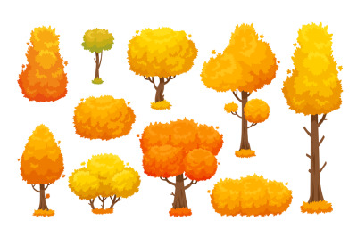 Colorful autumn trees. Cartoon yellow fall tree and autumnal garden bu