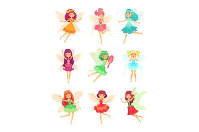 Cartoon fairy girls. Cute fairies dancing in colorful dresses. Magic f