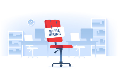 Job vacancy. We are hiring sign at vacant working chair in empty offic