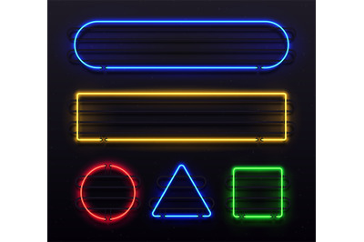 Realistic neon frame. Shiny banner with electric border glow and light