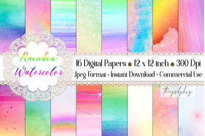 16 Colorful Fairy Tale Rainbow Watercolor Digital Papers