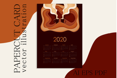 Paper cut calendar with coffee illustration for 2020 year. 2020 year,