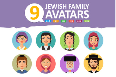 Jewish avatars family cartoon flat set