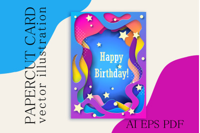 Happy birthday paper art card. Vector illustration for kids.