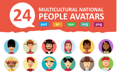 24 Multicultural national avatars people cartoon flat