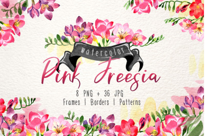 Pink Freesia Watercolor Set, Digital Flowers, Clipart, Hand Painted, F