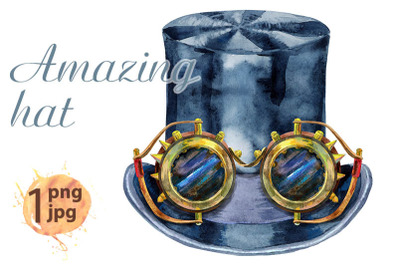 Watercolor black hat topper with steampunk glasses. Cylinder - headdre