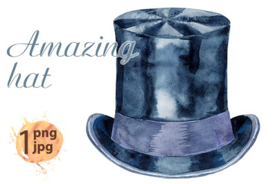 Watercolor black hat topper. Cylinder - headdress. Vintage mens dress.