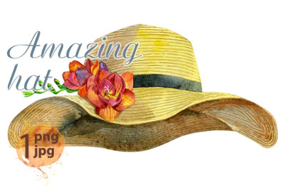 Watercolor women&#039;s yellow summer hat with freesia