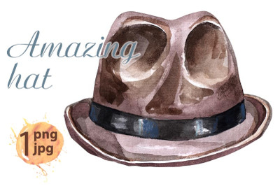 Brown men&#039;s hat with black ribbon watercolor illustration