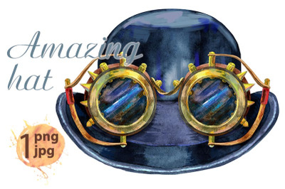 Watercolor black hat bowler with steampunk glasses. Vintage mens dress