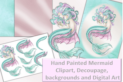 Mermaid Clipart, Printable Wall Art, Decoupage. Commercial Use