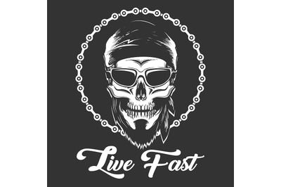 Biker Skull in glasses with wording Live Fast