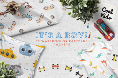 11 Watercolor patterns  for boys  JPEG + PNG
