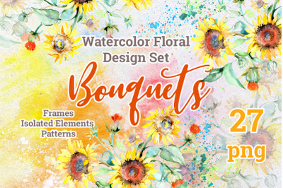 Watercolor bouquets with sunflowers PNG