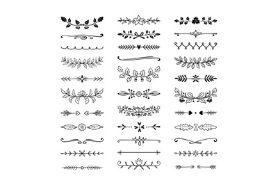 Doodle dividers. Hand drawn line borders, wedding decoration elements,