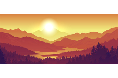 Mountain sunset landscape. Realistic pine forest and mountain silhouet