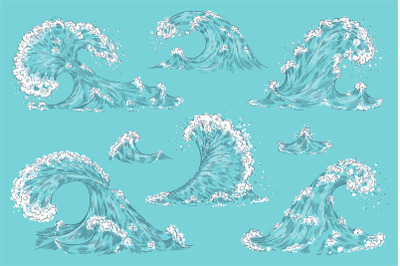 Hand drawn ocean wave. Vintage cartoon storm waves, tide water splash