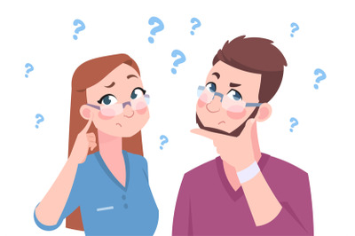 Confused man and woman. Young couple thinking a question, flat man and